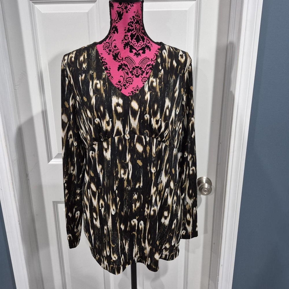 Dana Buchman Top Womens XL Brown Black Abstract Empire Waist Work Office Dressy